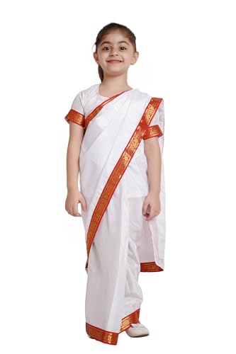 Image of Kaku Fancy Dresses Polyester Indian State Bengali Dance White Saree Costume For Kids -White & Red, 3-4 Years, For Girls