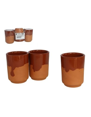 pcmoviles Vasos de Caña de Cerámica Antigua, Set de 3, Barro Artesanal, Diseño Bicolor Marrón