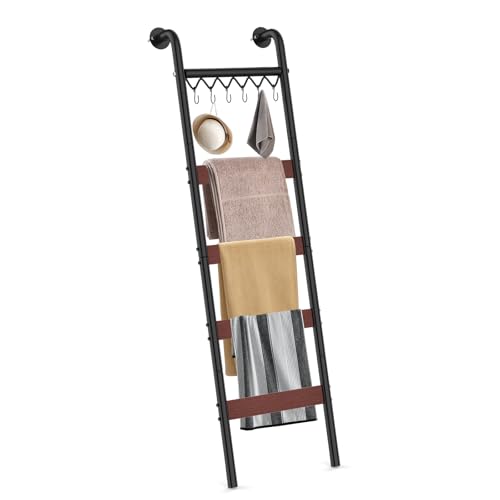 Wooden Blanket Ladder Wall-Leaning Blanket Rack 5 Tier Ladder Shelf 5.6 ft Blanket Holder Decorative Display Ladder Shelf for Storage and Home Decor Rustic Brown and Black