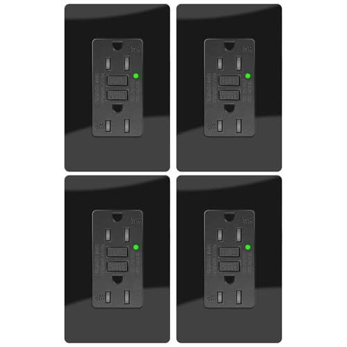 15A Black GFCI Outlet, TR &amp; WR Ground Fault Protector with LED Indicator, Tamper &amp; Weather Resistant GFI Electrical Receptacle, ETL Listed, Wallplate Included, 4 Pack