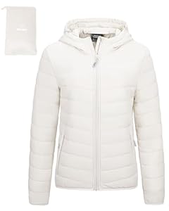 Outdoor Ventures Damen Steppjacke Leichte Packbare Übergangsjacke Warme Winterjacke mit Kapuze für Frauen Gefüttert Pufferjacke mit Taschen für Freizeit Wandern Reisen Creme Weiß L
