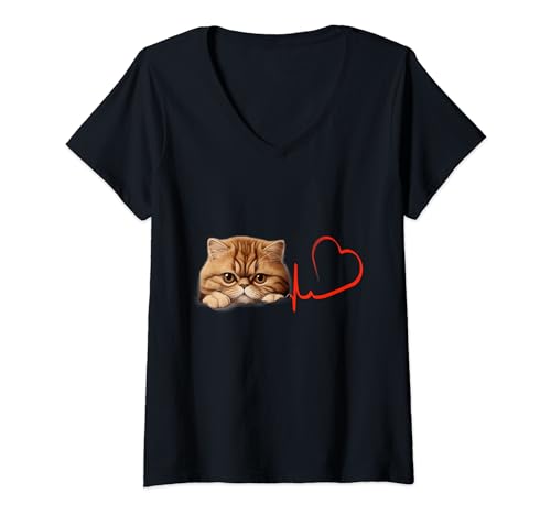 Damen Exotische Kurzhaar Katze My Heartbeat EKG Lustige Katzen My Cardio T-Shirt mit V-Ausschnitt