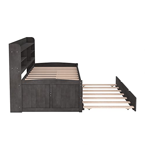 Harper & Bright Designs Twin Captain's Bed With Twin Size Trundle And 3 Storage Drawers, Wood Twin Size Daybed Frame With Built-In Bookshelves, Twin Sofa Bed For Living Room Bedroom (Antique Natural) #TOP7