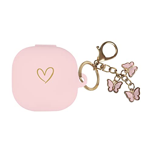 AIIEKZ Compatible with Samsung Galaxy Buds FE/Buds 2 / Buds Pro/Buds Live/Buds 2 Pro Soft Silicone Case with Gold Heart Pattern with Cute Butterfly Keychain for Girls Women (Pink)
