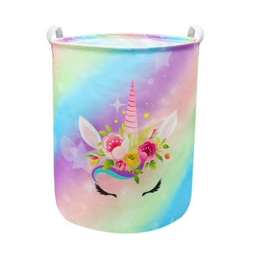 Image of Unicorn Laundry Basket Hamper Large Sized Round Storage Basket Waterproof Bin Collapsible Laundry Basket for Room Organizer, Bedroom Nursery Playroom Clothes (43.3L+62.9L)