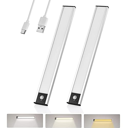 aceyoon Lot de 2 Lampes de Placard 58 LED,Lumière Cuisine Dimmable Rechargeable USB Luminosité Réglable 3 Couleurs Veilleuse Détecteur de Mouvement Eclairage LED Cuisine sous Meuble (30cm,Noir)