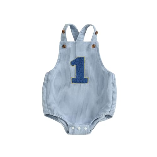Thorn Tree Baby Girl Boy 1st Birthday Clothes One Year Old Bubble Bodysuit Backless Rib Romper Cake Smash Outfits (Blue 12-18 Months)