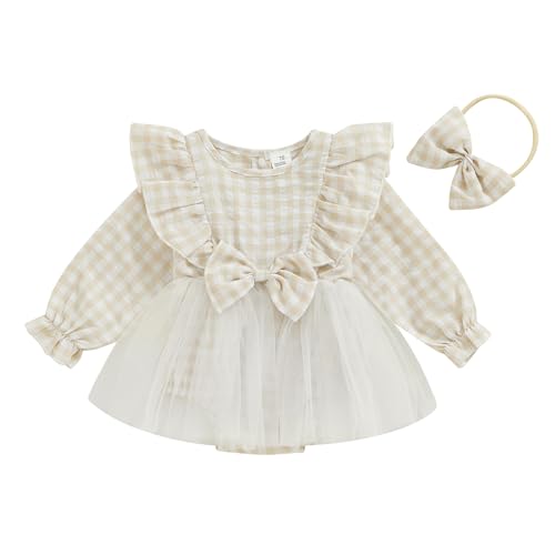 Image of Karuedoo Newborn Baby Girl Clothes Plaid Ruffle Long Sleeve Tulle Tutu Romper Dress Bodysuit Jumpsuit Headband Fall Outfit
