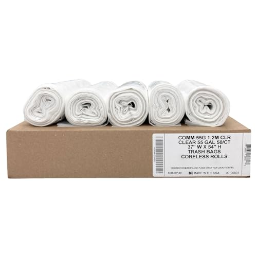 Ultrasac Heavy Duty 55 Gallon Clear Trash Bags - (Value 50 Pack) - 1.2 MIL equivalent Industrial Strength Plastic 37 x 54 for 50-55 Gal Cans -Fits Toter Rubbermaid Brute Carlislie Bronco etc.