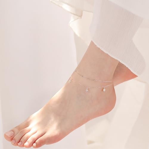 Image of Ladytree S925 Sterling Silver Boho Beach Double Layer Anklets Bracelet for Women Adjustable 9 to 11 inches