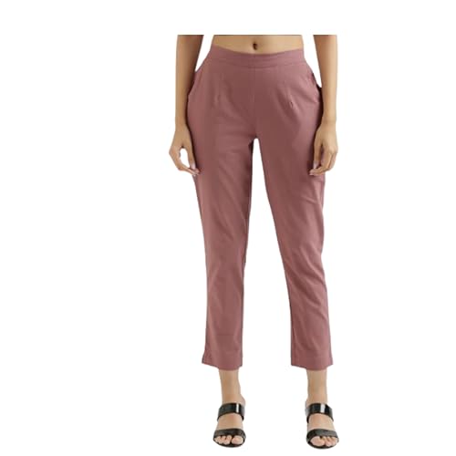 Image of D K W Women's Mid Rise Relaxed Fit Cotton Flex Trousers with Elastic Back & Drawstring - Ideal for Winter, Formal, Office & Casual Wear, Comfortable for Girls and Women