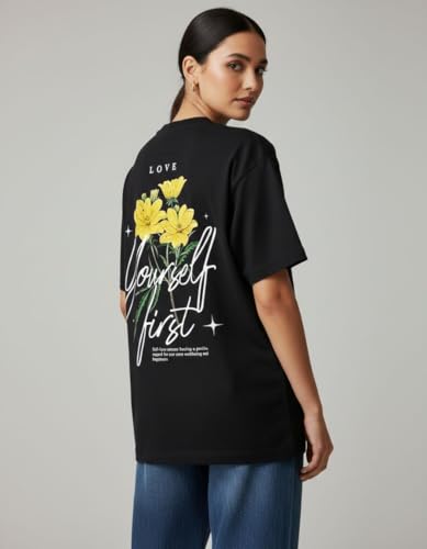 Image of Oversized Cotton T-Shirt for Women Half Sleeve - Love Yourself First Printed Tee - Breathable Loose Fit Motivational Casual Wear for College and Daily Outfits