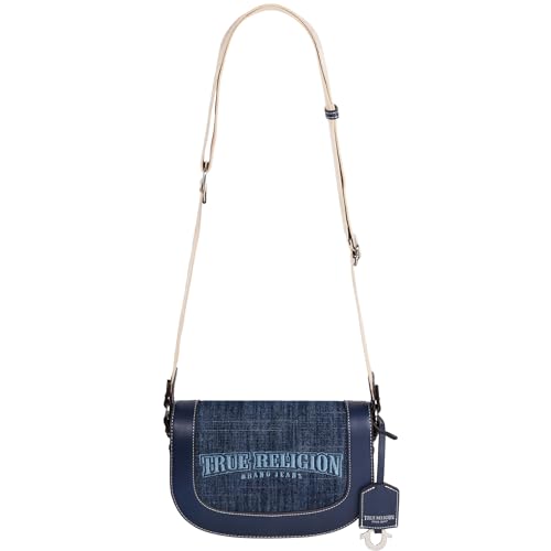 True Religion Saddle Bag, Women's Dark Denim Logo Shoulder Purse Handbag, Dark Denim