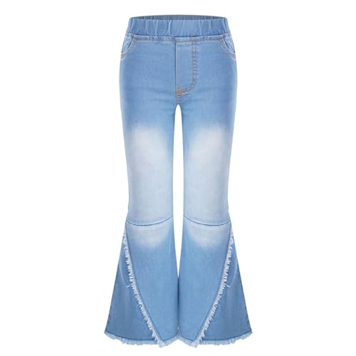 Loyan Girls Elastic Waist Denim Pants Raw Hem Flared Leg Jeans Stretchy Leggings Fashion Trousers Bell Bottoms
