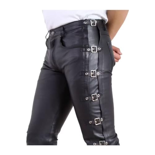 Men's Black Stylish Side Buckle Leather Biker Pant2