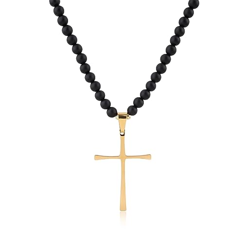 Collier homme onyx noir pendentif croix acier inoxydable spirituel COAI