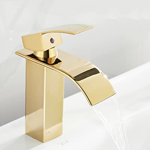 Robinet cascade de salle de bain doré en acier inoxydable mitigeur monocommande court