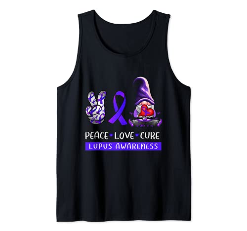 Lupus Awareness Peace Love Cure Purple Ribbon Gnome Womens Camiseta sin Mangas