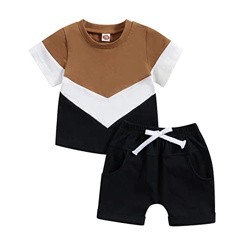 Image of allshope Toddler Baby Boy Summer Clothes Contrast Color Pockets T Shirt Tops Solid Color Elastic Shorts Cute Newborn Outfit Set (Black, 0-6 Months)