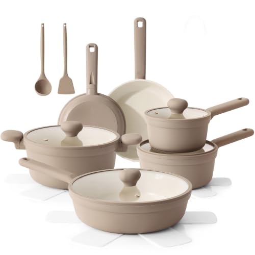 Image of SENSARTE Ceramic Nonstick Pots and Pans Set 17pcs Taupe