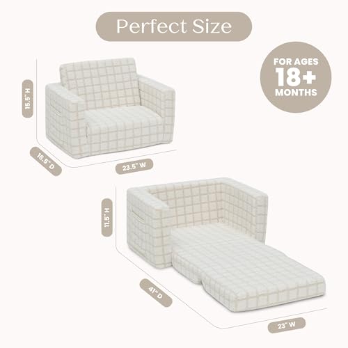 Delta Children Checkered Cozee Flip-Out Kids Chair, Snuggly Sherpa-Like Foam Convertible Armchair for Boys and Girls, Machine Washable Cover, Soft Comfy Toddler Seating for Playroom/Bedroom, Cream - image 2