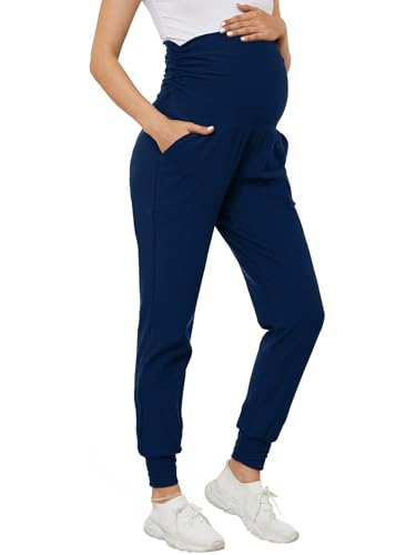 PARNIXS Pantalones deportivos de maternidad para mujer, elásticos, para entrenamiento, deportes, descanso, embarazo, pantalones de yoga con bolsillos, azul, M
