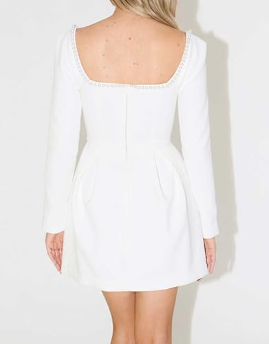 Women's Long Sleeve Mini Dress Pearl Square Neck Ruffle Hem Short Dress Bride Party Club Elegant Dresses4