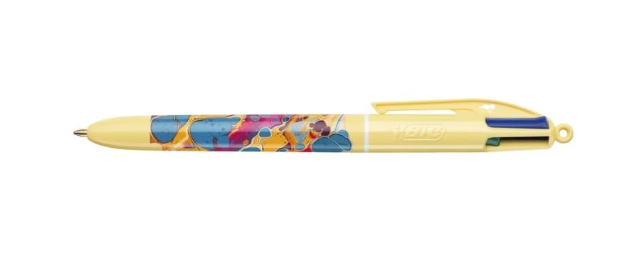 BIC – 1 bolígrafo recargable de 4 colores clásicos (negro, rojo, verde, azul) – Punta media – Colección Hydro – Cuerpo color amarillo