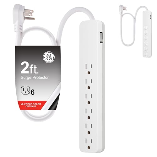 GE Pro 6-Outlet Surge Protector 2 Pack, 2 Ft Extension Cord, 620 Joules, Power Strip, Flat Plug, Integrated Circuit Breaker, Wall Mount, UL Listed, White, 46867