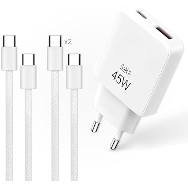 Pakiet mobilności 45 W GaN : Dwuportowa szybka ładowarka + zestaw 2 kabli USB-C 1 m pleciony nylon - do iPhone 16/15, MacBook, Samsung, iPad - Rozwiązanie do ładowania biurowego i podróżnego - biały