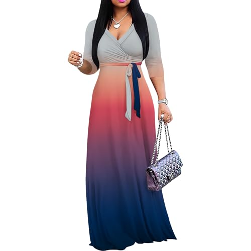 Image of PinkPatty Women's Plus Size Maxi Dresses Casual Flowy 3 /4 Sleeves Dress Printed Vacation Dress for Daily Wear with Belt