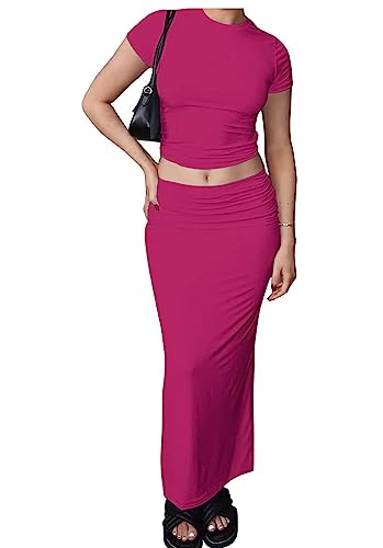 Image of Two Piece Skirt Set for Women 2 PC Y2K Outfits Short Sleeve Crop Tops Bodycon High Waist Long Maxi Skirts