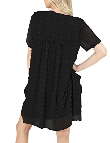 Miholl Women's V Neck Short Sleeve Dress Ruffle Loose 2023 Summer Casual Badydoll Swiss Dot Mini Dress #TOP2