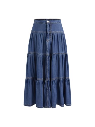 CIDER Womens Jean Long Skirts Tiered Denim High Elastic Waisted