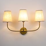Pathson 3 Lights Brass Wall Sconce Lamps with Linen Fabric Lampshade, Vintage Fabric Bathroom Wall Light Fixtures, E26 Bulb Base Wall Vanity Lighting Decor for Bedroom Living Room
