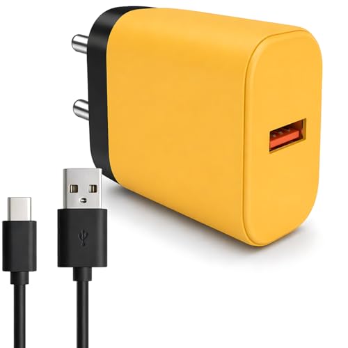 Image of MAK 18W Fast Charging USB Wall Charger 2.4A with USB to Type-C Cable, Compatible with Android Smartphones, Tablets & Type-C Devices, Safe & Reliable Power Output, Yellow