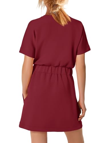 Image of SENSERISE Womens Short Sleeve T Shirt Dresses Crew Neck Solid Color Basic Smocked Waist Dress with Pockets