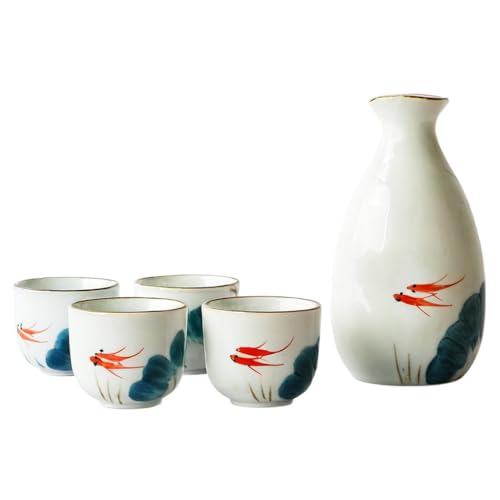 Caalio Japanese Sake Set - Porcelain Sake Tokkuri Bottle 8 fl oz and Four Sake Ochoko Cups 2 fl oz Sake Cups Soju Tea Set(Goldfish)