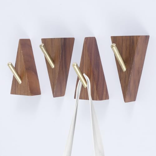 4 ganchos para colgar en la pared, ganchos de madera de nogal y metal dorado, gancho adhesivo con tornillos de montaje decorativos para colgar bufandas, bolsos, sombreros, toallas, ropa, llaves