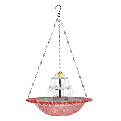 Bain d'oiseaux solaire à suspendre avec fontaine pour jardin, extérieur, fabriqué en métal résistant aux intempéries et en plastique, attire les oiseaux avec une énergie solaire durable (rose)