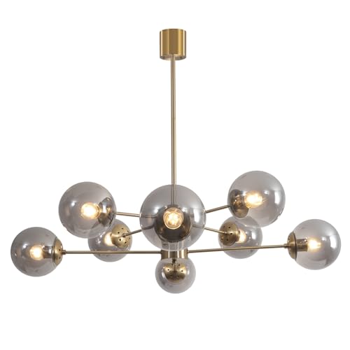 KCO Lighting 北欧モダン シャンデリア ペンダントライト 8灯 シーリング マルチアーム E26口金 高さ調節可能 調光対応 延長ロッド付き LEＤ対応 おしゃれ 天井照明 照明器具 インテリア ダイニング リビング キッチン 電球別売り (ゴールド＋スモークグレー 8)