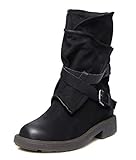  Minetom Damen Stiefel Stiefeletten Leder Retro Boots Mode Ledergürtel Casual Chic Elegant Flache Schuhe Winter Herbst Schwarz 43 EU