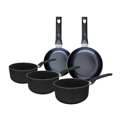 Fackelmann 9430550 Ensemble de 2 poêles de 16 et 20 cm et 3 casseroles 16, 18 et 20 cm, revêtement céramique antiadhésif, sans PFAS, tous feux, induction, four, Aluminium, Noir, Vert