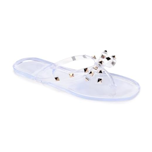 Libbook Sandálias femininas com tachas rasteiras de gelatina com laço, chinelos, tanga feminina, preta, tamanho 7, sem cadarço, para verão, praia, rebites elegantes, Transparente Novo 2, 39