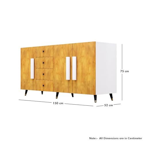 Image of Bniture Storage Cabinet Wooden for Living Room Sideboard with 4 Drawer and 3 Door | Storage Organizer Chest of Drawer Cabinet for Home Hallway Drawing Room Bedroom Kitchen | Frosty White & Giant Wood