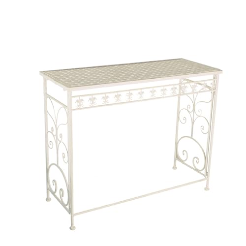 JUNENTER ヴィンテージメタルプラントスタンド 38 x 14 x 31インチ 長方形メタルプラントシェルフ フラワーポットホルダー 屋内/屋外用 ホワイトアイアンプラントホルダー 芝生パティオバルコニーと庭用