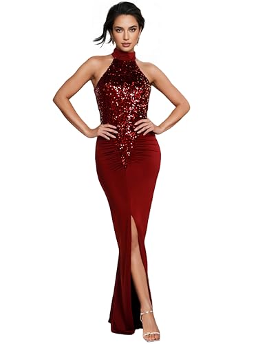 Image of Women's Sequin Prom Dress Evening Gowns for Formal Events | Elegant Sparkly Rhinestone Long Maxi Dresses for Formal Party,Gala,Wedding Guest,Fully Lined,Stretchy,Side Slit