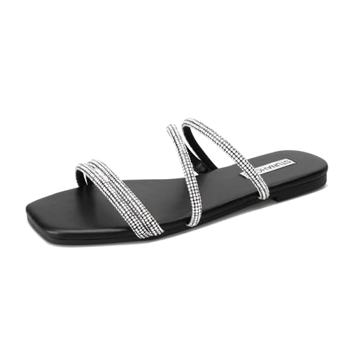 Image of STUNAHOME Women's Rhinestone Thong Flat Sandals Open Toe Slide Sandals with Square Toe Bling Strap