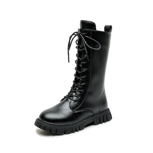 Botas de niña mediados de pantorrilla de 4 a 12 años, botas escolares con cordones con cremallera planas, de moda, cómodas, con punta redonda, suela suave, zapatos para niños de piel cálidos