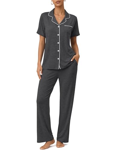 Image of ZMJ Womens Pajamas Sets 2 Piece Button Up Pj Sets Short Sleeve with Long Pant